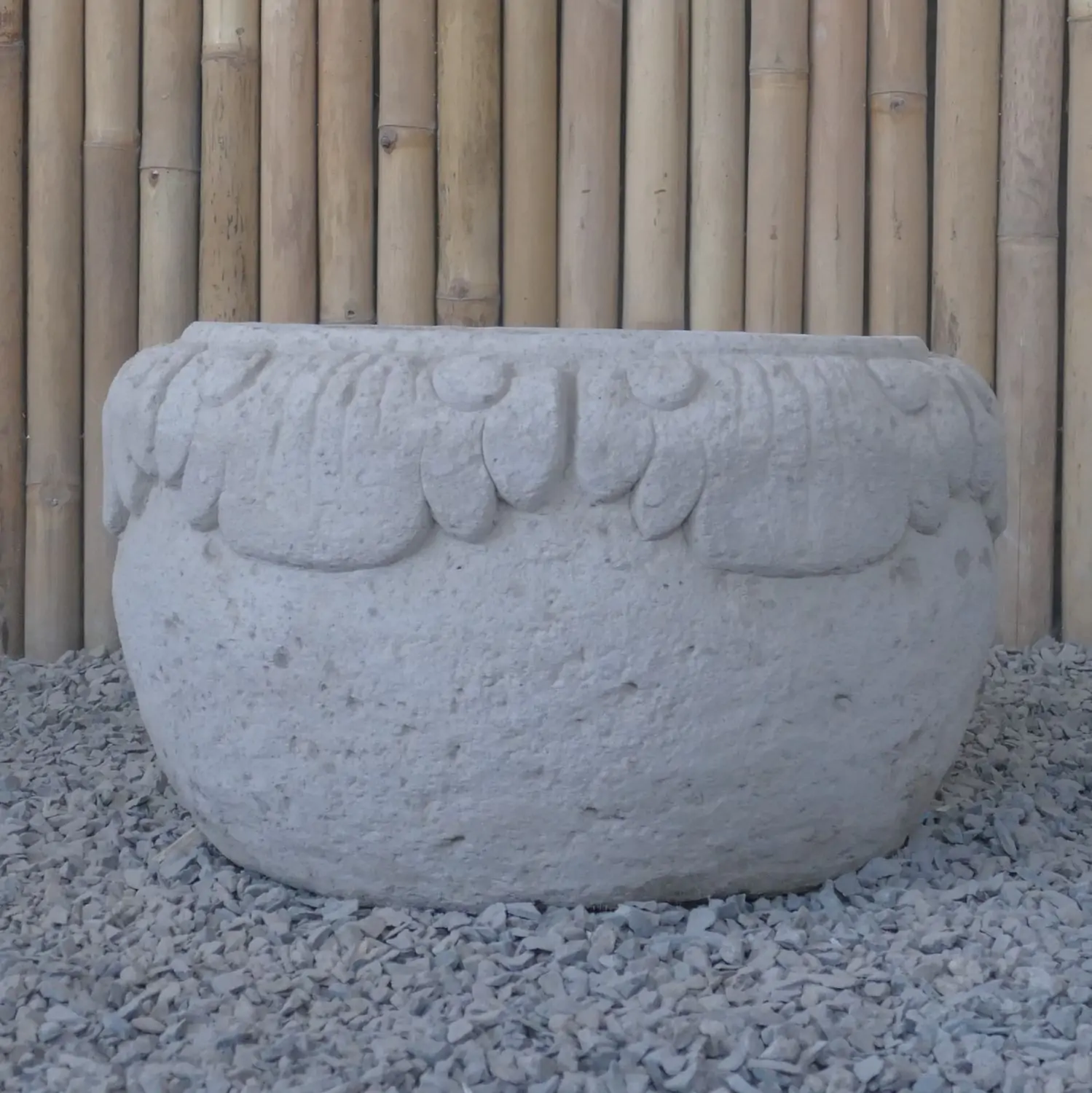  Product image 4 of the product “Balinese style flat round pot, with carving - 60 cm Dia., 35cm Height, Taro sand ”